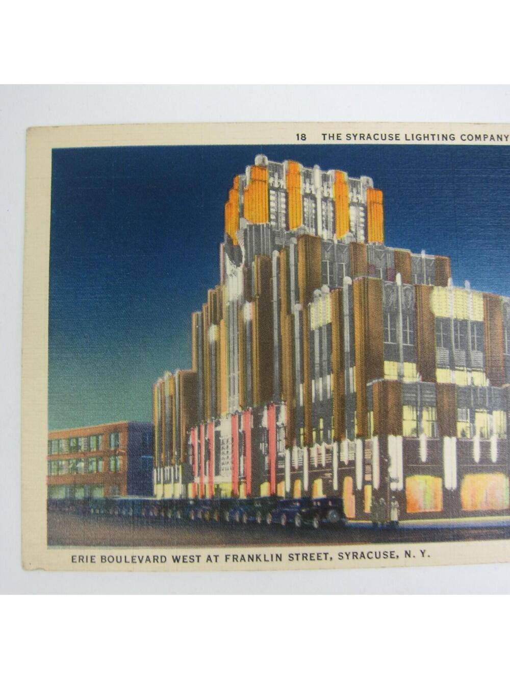 Linen Postcard New York Syracuse Lighting Company Building at Night Vintage 1940 - Picture 8 of 12